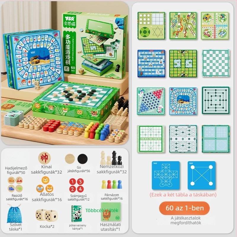 Faanyagból készült mindent egyben gyerek társasjáték készlet – Ludo, Gomoku és Dáma, Yisirui márka, 4–6 éves kortól