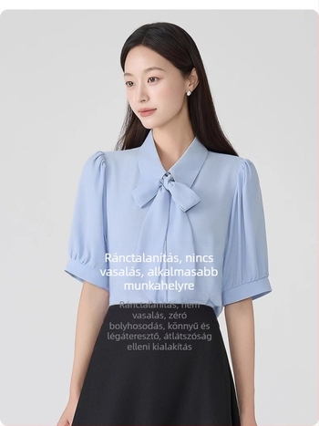 Irodai blúz chiffon anyagból, 100% poliészter, elasztán <10%, rövid ujjú, gallér (Chiffon; 100% Polyester; Elasztán <10%)