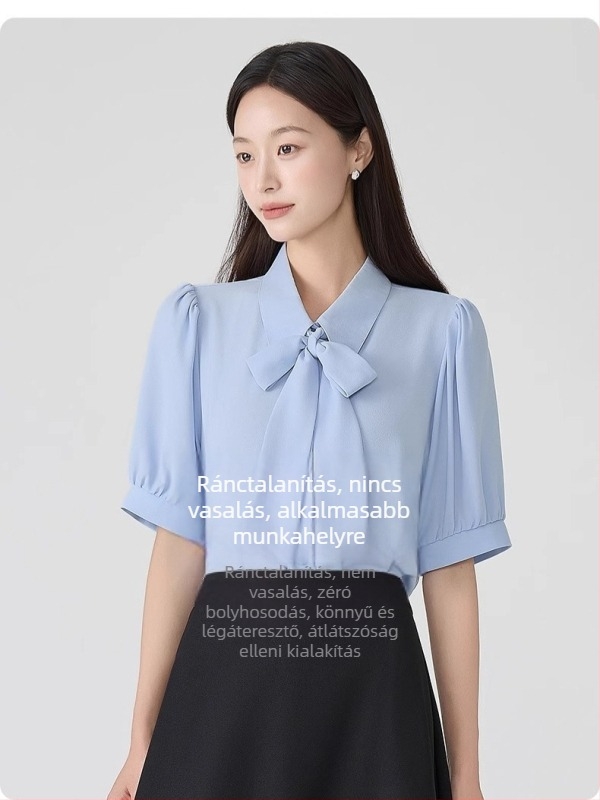 Irodai blúz chiffon anyagból, 100% poliészter, elasztán <10%, rövid ujjú, gallér (Chiffon; 100% Polyester; Elasztán <10%)