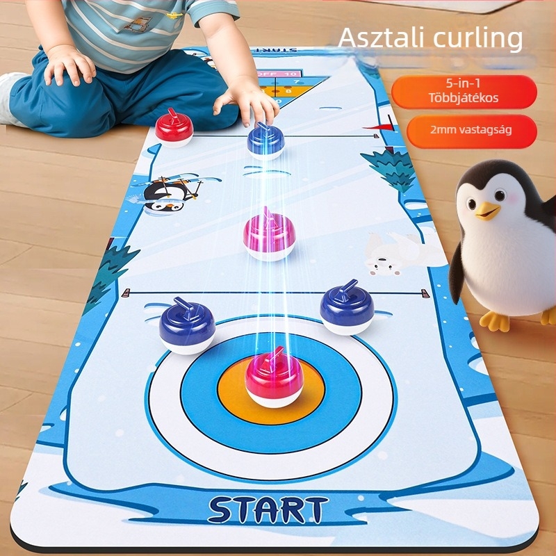 Asztali curling játék beltéri használatra — családi szórakozás, kétjátékos és többjátékos módok, korai nevelés, szellemi fejlődés, műanyag kivitel (4–14 éveseknek).