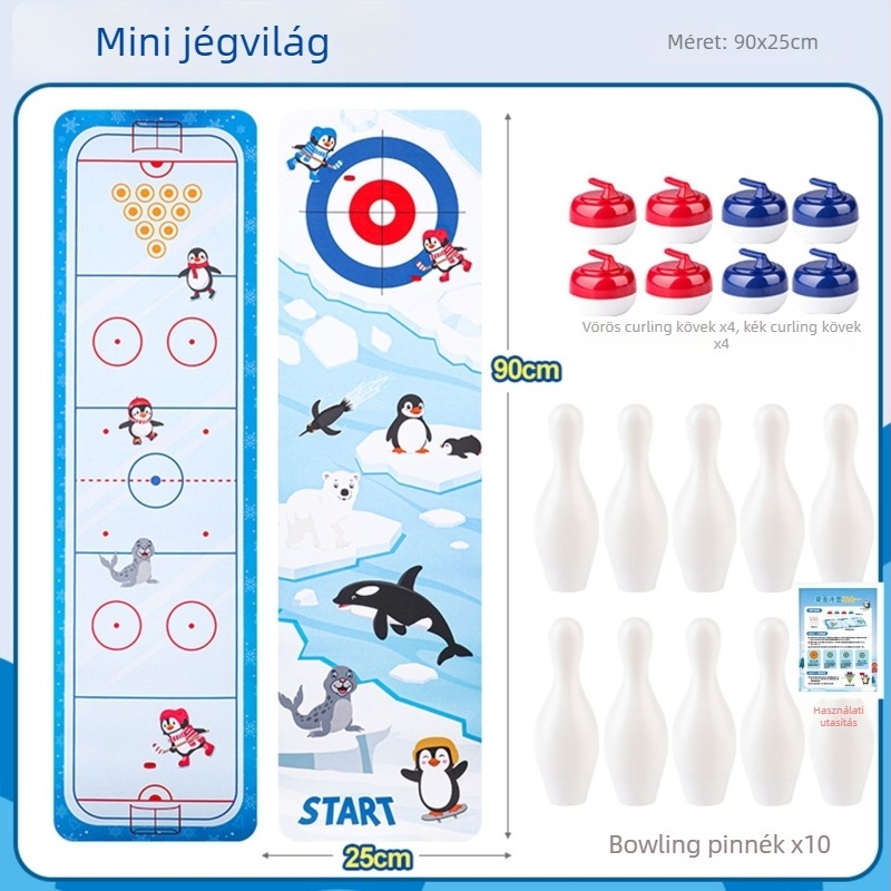 Asztali curling játék beltéri használatra — családi szórakozás, kétjátékos és többjátékos módok, korai nevelés, szellemi fejlődés, műanyag kivitel (4–14 éveseknek).