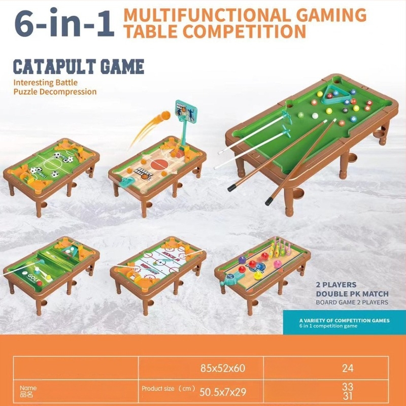 Hat az egyben gyerekek asztali játékok készlet: biliárd, társasjátékok, kosár és futball — beltéri használatra, műanyag kivitel, fejleszti a kéz-szem koordinációt, 4–6 éveseknek