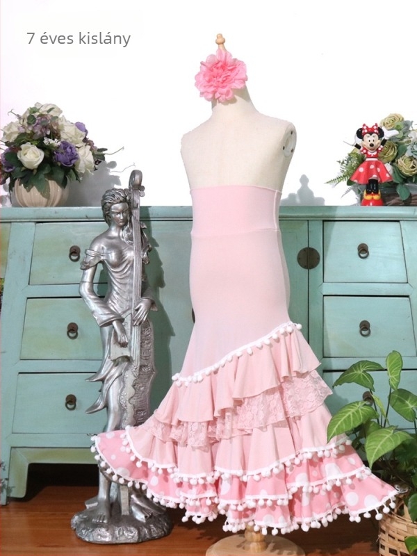 Gyerekeknek szóló flamenco tánc szoknya poliészterből elasztánnal, 90–95% poliészter, téli 2025, irodalmi retro stílus