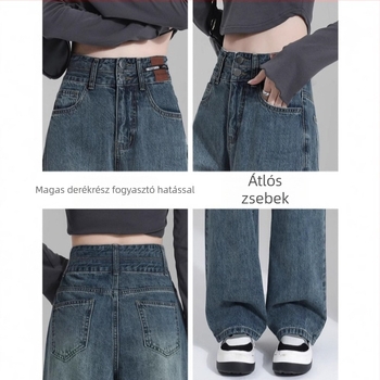 Női denim nadrág, vintage széles szárú, magas derék, hosszú, pamut 50–70%, spandex <30%