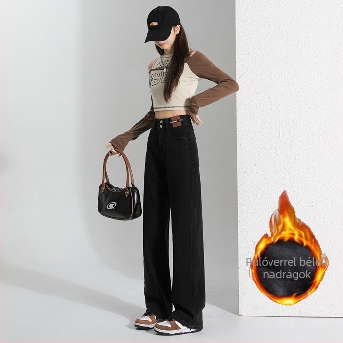 Női denim nadrág, vintage széles szárú, magas derék, hosszú, pamut 50–70%, spandex <30%