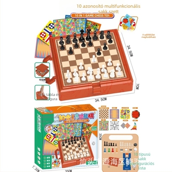 Többfunkciós társasjáték-készlet kettős oldalú bábuakkal a Flying Chess és Adventure Chess számára; tartalmaz Backgammon, sakk, katonai sakk, Dáma, Beast Chess és gyerek sakk; műanyag figurák; 4–6, 7–14 és 15–35 korosztályoknak.