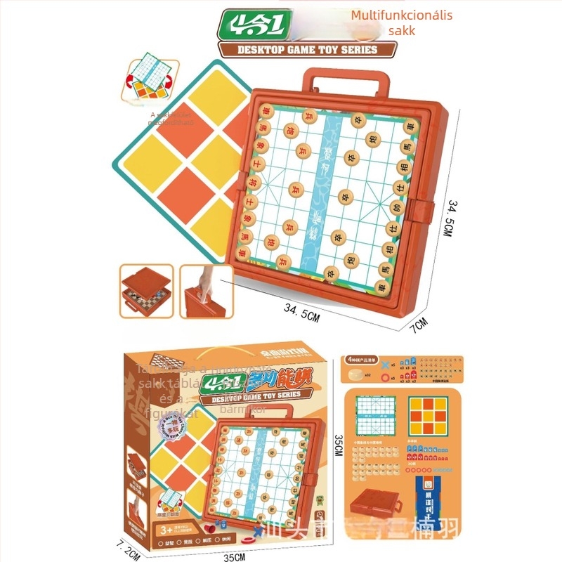 Többfunkciós társasjáték-készlet kettős oldalú bábuakkal a Flying Chess és Adventure Chess számára; tartalmaz Backgammon, sakk, katonai sakk, Dáma, Beast Chess és gyerek sakk; műanyag figurák; 4–6, 7–14 és 15–35 korosztályoknak.