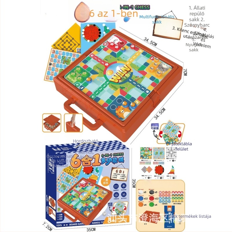 Többfunkciós társasjáték-készlet kettős oldalú bábuakkal a Flying Chess és Adventure Chess számára; tartalmaz Backgammon, sakk, katonai sakk, Dáma, Beast Chess és gyerek sakk; műanyag figurák; 4–6, 7–14 és 15–35 korosztályoknak.