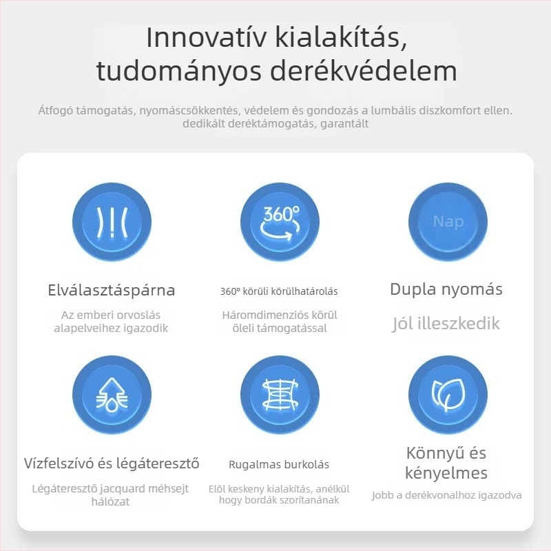 Vékony, légáteresztő ágyéki támasztó öv acéllemezzel, 3D hálós anyaggal és melegítő szövettel mindennapi használatra