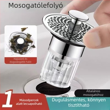 Mosogatólefolyó szűrő antiszag maggal, rozsdamentes acélból, nyomásos működés, modern minimalista stílus