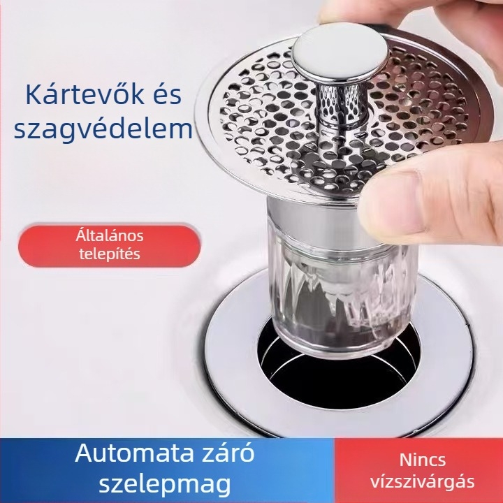 Mosogatólefolyó szűrő antiszag maggal, rozsdamentes acélból, nyomásos működés, modern minimalista stílus