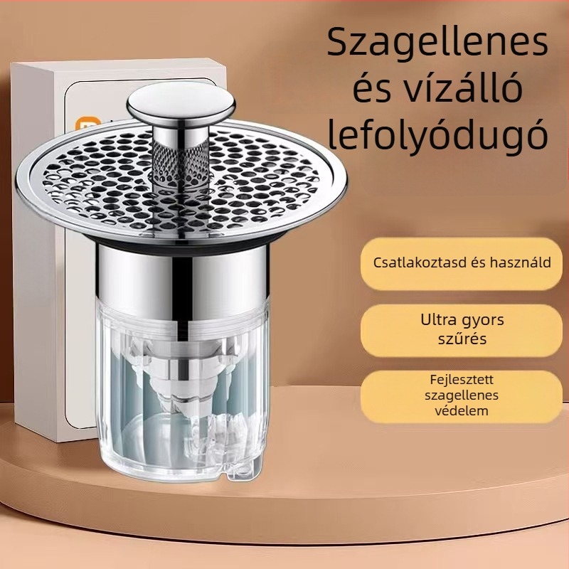 Mosogatólefolyó szűrő antiszag maggal, rozsdamentes acélból, nyomásos működés, modern minimalista stílus