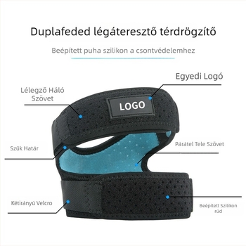 Szilikoncsíkos térdvédő – lélegző, nyomásos térdtámogatás futáshoz, kerékpározáshoz és túrázáshoz; Anyagok: Okcloth, szilikoncsík, N anyag, Velcro; Térd védelem