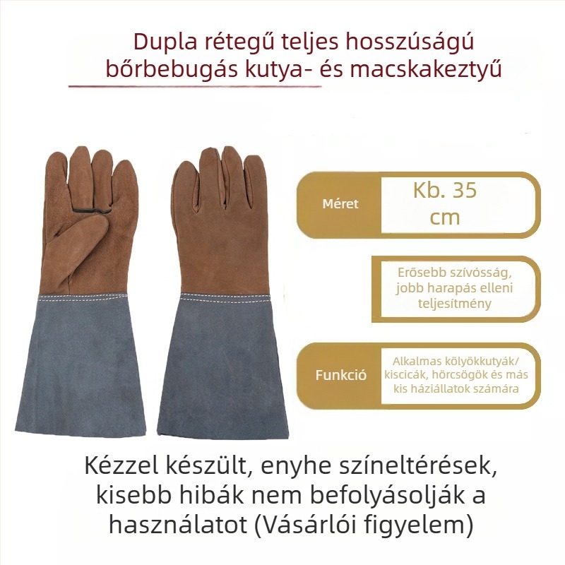 Háziállatoknak készült harapás elleni kesztyű macskáknak és kutyáknak – marhabőr, hosszított hossz, szakadásálló, fürdetéshez és kiképzéshez