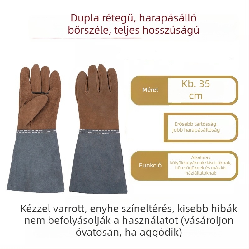 Háziállatoknak készült harapás elleni kesztyű macskáknak és kutyáknak – marhabőr, hosszított hossz, szakadásálló, fürdetéshez és kiképzéshez