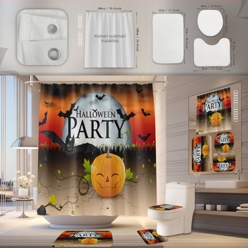 Zuhanyzófüggöny és fürdőszobai szőnyeg készlet, poliészter, vízálló, penészálló, fúrás nélküli telepítés, Halloween minta