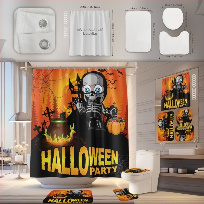 Zuhanyzófüggöny és fürdőszobai szőnyeg készlet, poliészter, vízálló, penészálló, fúrás nélküli telepítés, Halloween minta