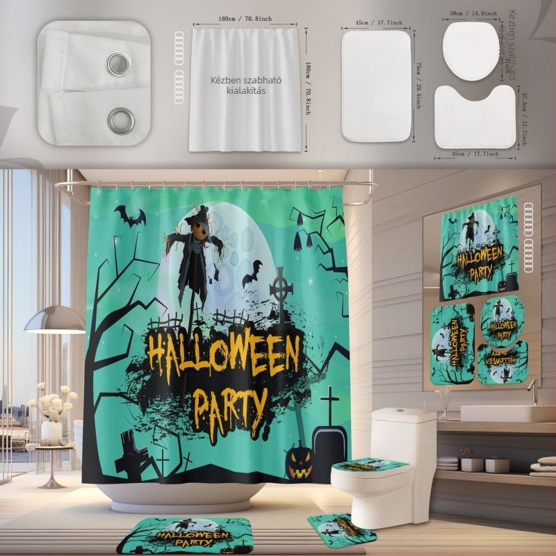 Zuhanyzófüggöny és fürdőszobai szőnyeg készlet, poliészter, vízálló, penészálló, fúrás nélküli telepítés, Halloween minta