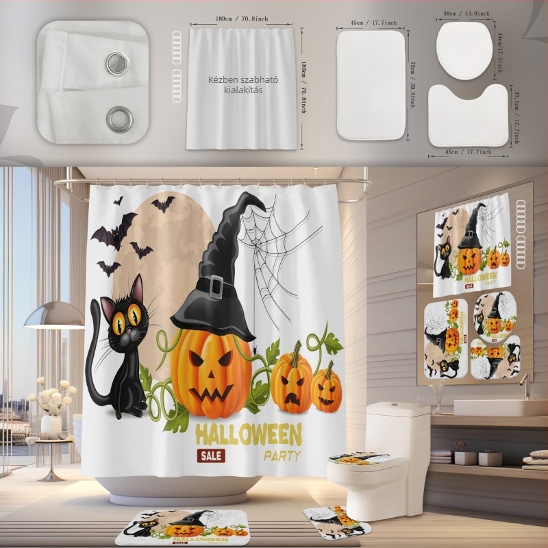 Zuhanyzófüggöny és fürdőszobai szőnyeg készlet, poliészter, vízálló, penészálló, fúrás nélküli telepítés, Halloween minta