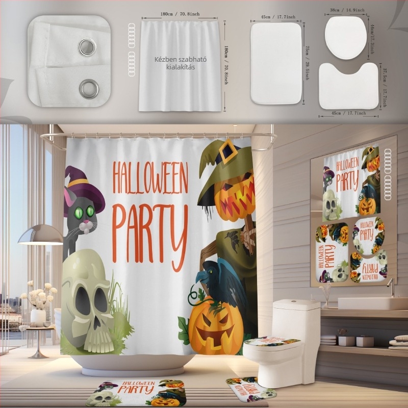 Zuhanyzófüggöny és fürdőszobai szőnyeg készlet, poliészter, vízálló, penészálló, fúrás nélküli telepítés, Halloween minta