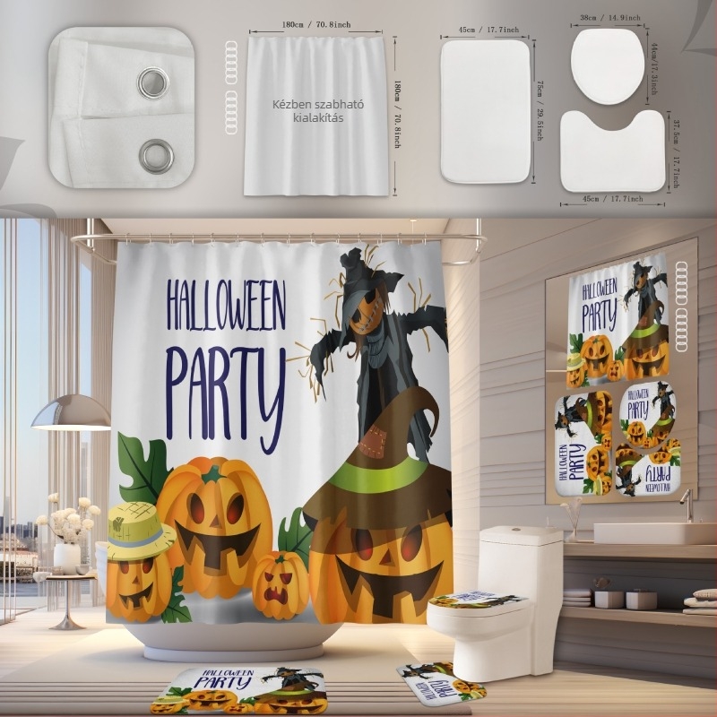 Zuhanyzófüggöny és fürdőszobai szőnyeg készlet, poliészter, vízálló, penészálló, fúrás nélküli telepítés, Halloween minta
