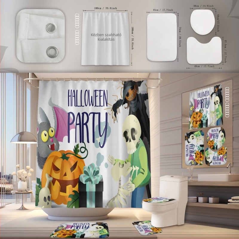 Zuhanyzófüggöny és fürdőszobai szőnyeg készlet, poliészter, vízálló, penészálló, fúrás nélküli telepítés, Halloween minta