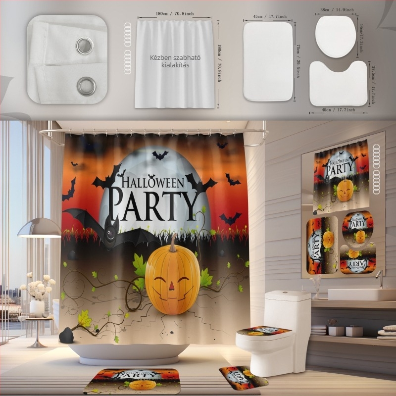 Zuhanyzófüggöny és fürdőszobai szőnyeg készlet, poliészter, vízálló, penészálló, fúrás nélküli telepítés, Halloween minta