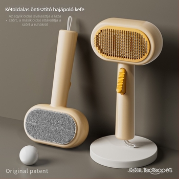 Macska-grooming fésű kettős oldalú, öntisztító funkcióval — rozsdamentes acél tüskék, poliészter szövet, eltávolítja a laza szőrt