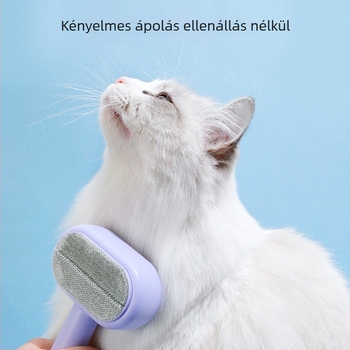 Macska-grooming fésű kettős oldalú, öntisztító funkcióval — rozsdamentes acél tüskék, poliészter szövet, eltávolítja a laza szőrt