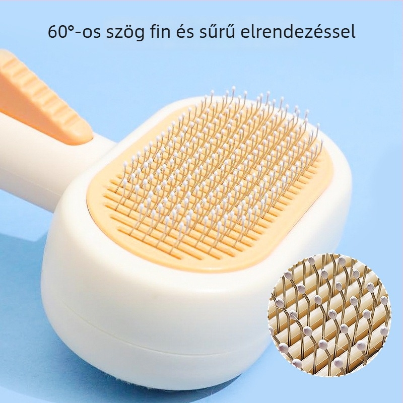 Macska-grooming fésű kettős oldalú, öntisztító funkcióval — rozsdamentes acél tüskék, poliészter szövet, eltávolítja a laza szőrt