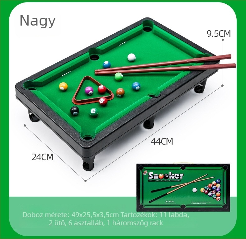 Mini biliárdasztal játék – hordozható beltéri asztali játék, műanyag kivitelezés, színes dobozos csomagolás, 4–6, 7–14 és 15–35 éveseknek