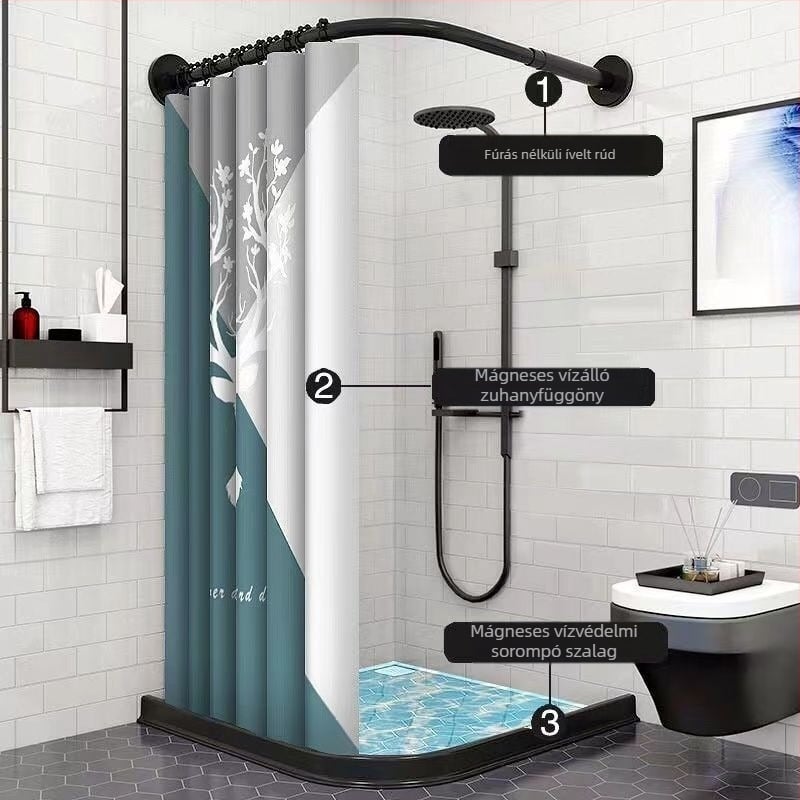 Fúrás nélküli mágneses zuhanyfüggöny ívelt rúddal, vízálló PVC anyag, virágos mintázat