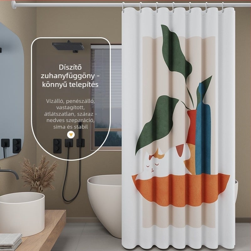Zuhanyfüggöny készlet - vastagabb vízálló, fúrás nélküli rögzítés, penészedés és nedvességnek ellenálló, poliészter, absztrakt macska színblokkok mintával