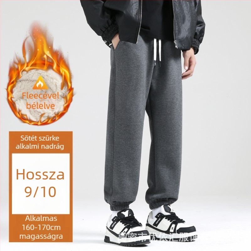 Férfi téli pamutnadrág fleece-béléssel, laza szabás, középső derék, derékban húzózsinórral, bokán végződő mandzsetták, zseb részletekkel