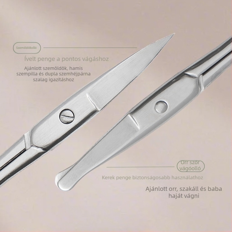 Rozsdamentes acél szemöldök- és orrszőr olló készlet — szemöldökolló hegyes végű, orrszőr olló kerek végű