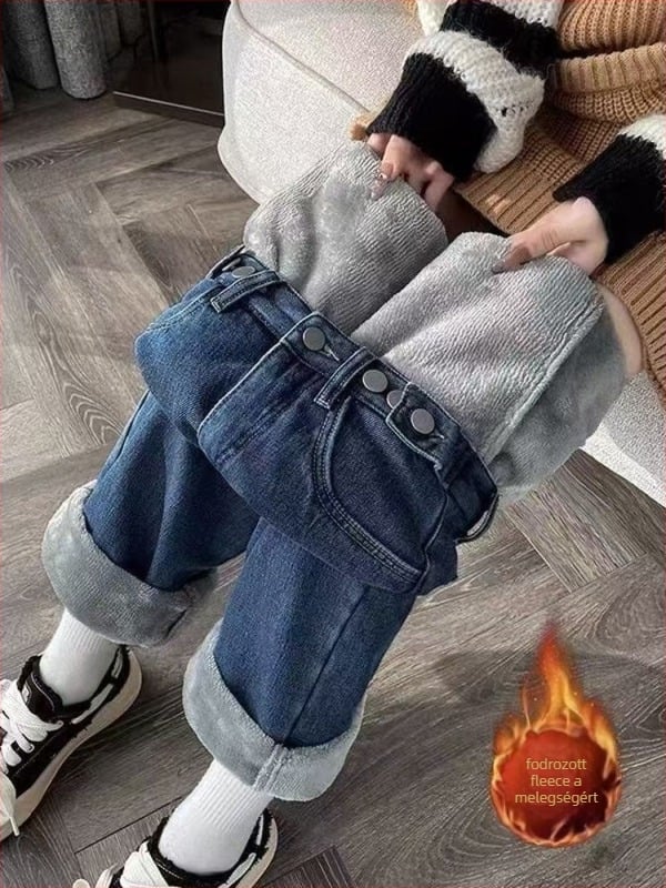 Női farmernadrág magas derékkal, egyenes szabású, vastag denim fleece béléssel, 70-80% pamut és poliészter