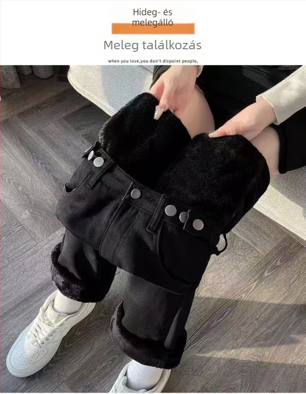 Női farmernadrág magas derékkal, egyenes szabású, vastag denim fleece béléssel, 70-80% pamut és poliészter