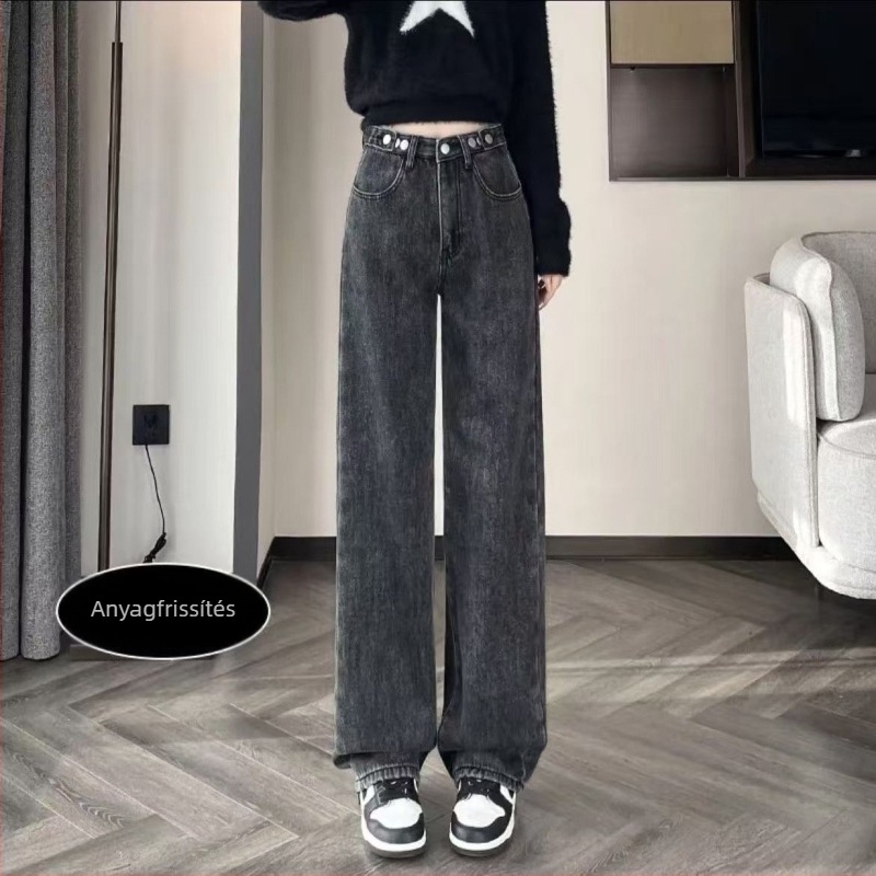 Női farmernadrág magas derékkal, egyenes szabású, vastag denim fleece béléssel, 70-80% pamut és poliészter