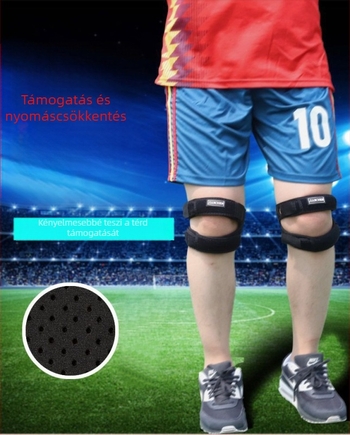 Patellás térdvédő ütéscsillapítással és kompresszióval; anyagok: OK szövet, SBR, Lycra spandex; zár: mágikus csat; univerzális méret; alkalmas futásra, kerékpározásra, kosárlabdára, hegymászásra és edzésre.
