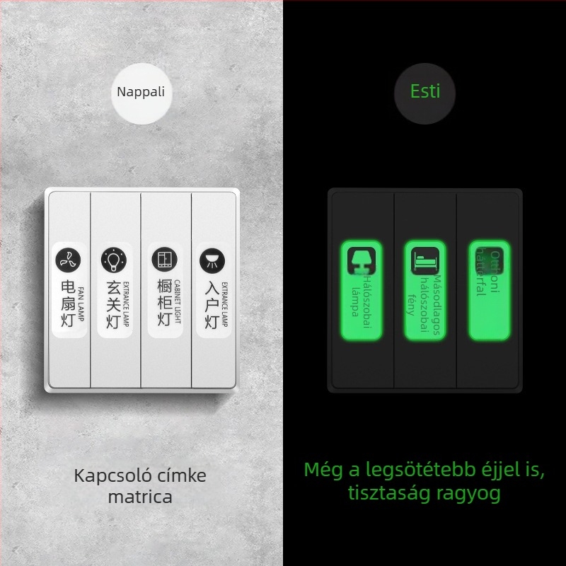 Világító kapcsoló címke – dekoratív falikép matrica, védő burkolat, modern minimál stílus