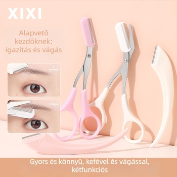 Xixi félhold alakú szemöldök-formázó készlet rozsdamentes acél pengékkel és ollóval – Modell GJ-144