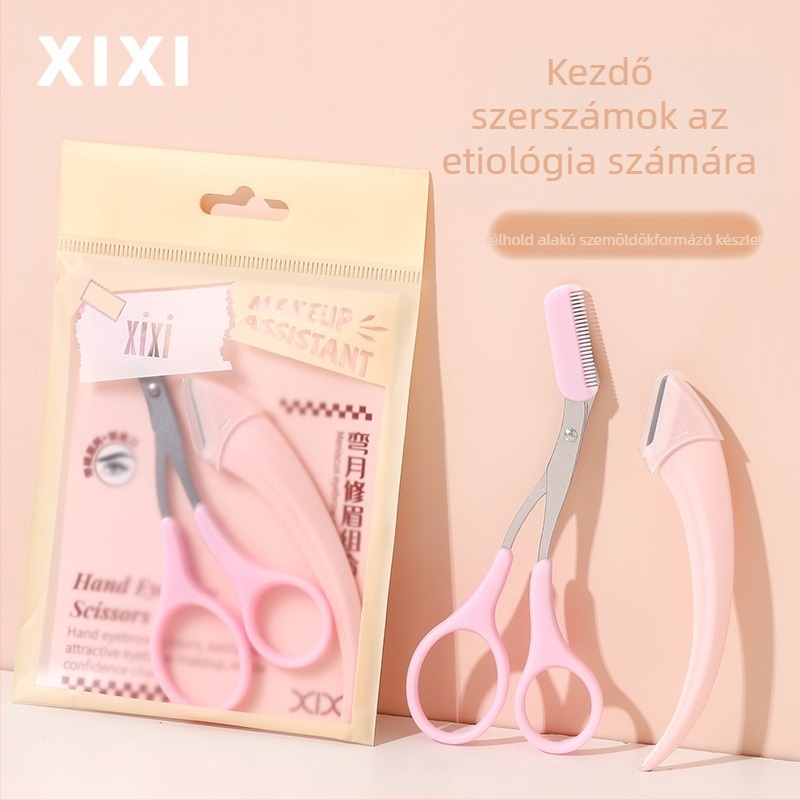 Xixi félhold alakú szemöldök-formázó készlet rozsdamentes acél pengékkel és ollóval – Modell GJ-144