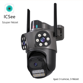 WiFi gimbal gömbkamera három lencsével és három nézetű felvétellel, 0.01 lux minimális megvilágítás, SNR > 44 dB, -30°C–65°C működési tartomány, 12V tápegység