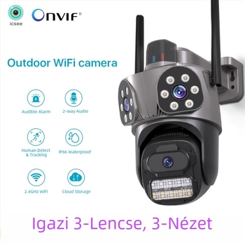 WiFi gimbal gömbkamera három lencsével és három nézetű felvétellel, 0.01 lux minimális megvilágítás, SNR > 44 dB, -30°C–65°C működési tartomány, 12V tápegység