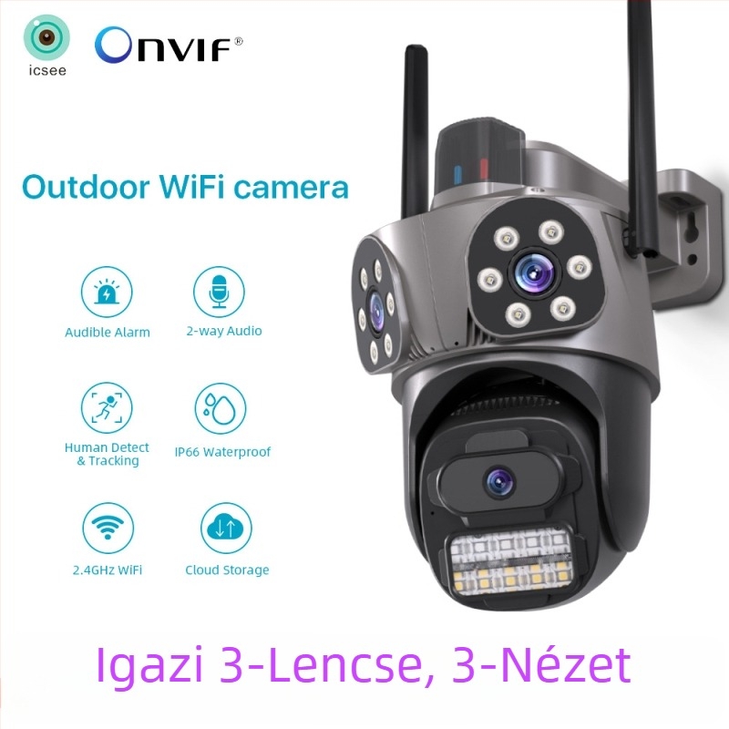 WiFi gimbal gömbkamera három lencsével és három nézetű felvétellel, 0.01 lux minimális megvilágítás, SNR > 44 dB, -30°C–65°C működési tartomány, 12V tápegység