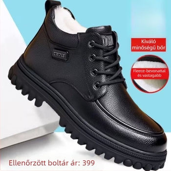Téli férfi magasított bőrcipő meleg plüss béléssel, felsőrész split bőrből, TPR vulkanizált talp, csúszásmentes
