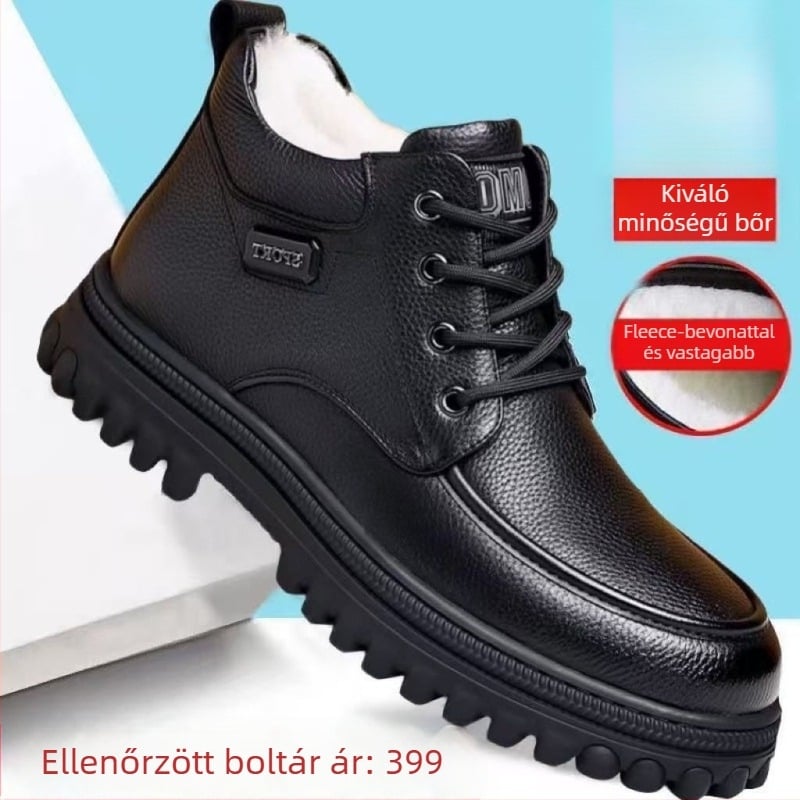 Téli férfi magasított bőrcipő meleg plüss béléssel, felsőrész split bőrből, TPR vulkanizált talp, csúszásmentes