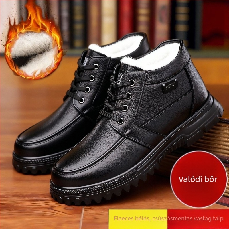Téli férfi magasított bőrcipő meleg plüss béléssel, felsőrész split bőrből, TPR vulkanizált talp, csúszásmentes