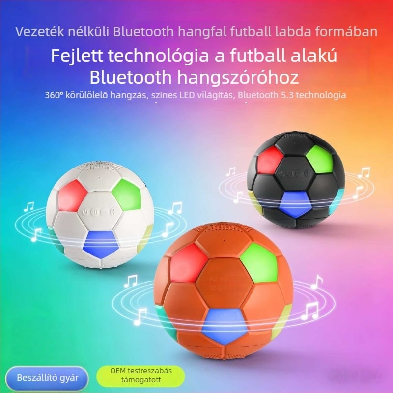 Kör alakú Bluetooth hangszóró RGB világítással, hordozható asztali kivitel kültéri használatra; Bluetooth 5.3, 5W, beépített 1200–2000 mAh akkumulátor, 360° surround hangzás