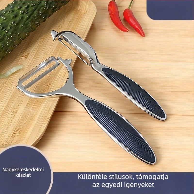 Cinkötvözetes hámozó sík eszköz logóval; anyagok: cinkötvözet, PP, rozsdamentes acél; funkció: Egyéb